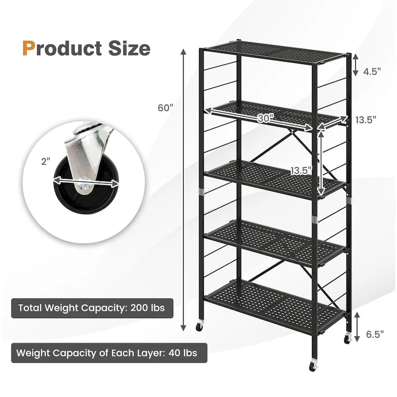 5-Tier Adjustable Shelves with Wheels for Garage Kitchen Balcony - 30 x 13.5 x 60