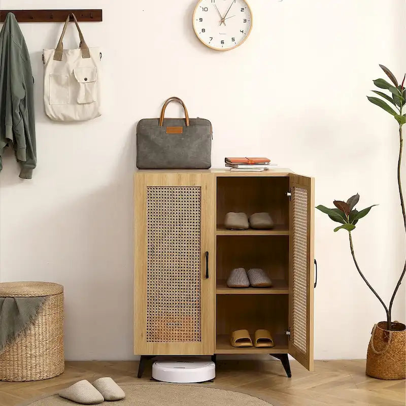 Rattan Mesh Double-Door Shoe Cabinet with Large Storage Space and Durable Structure