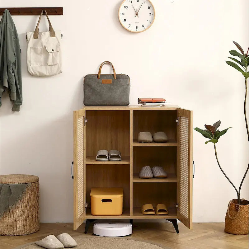 Rattan Mesh Double-Door Shoe Cabinet with Large Storage Space and Durable Structure