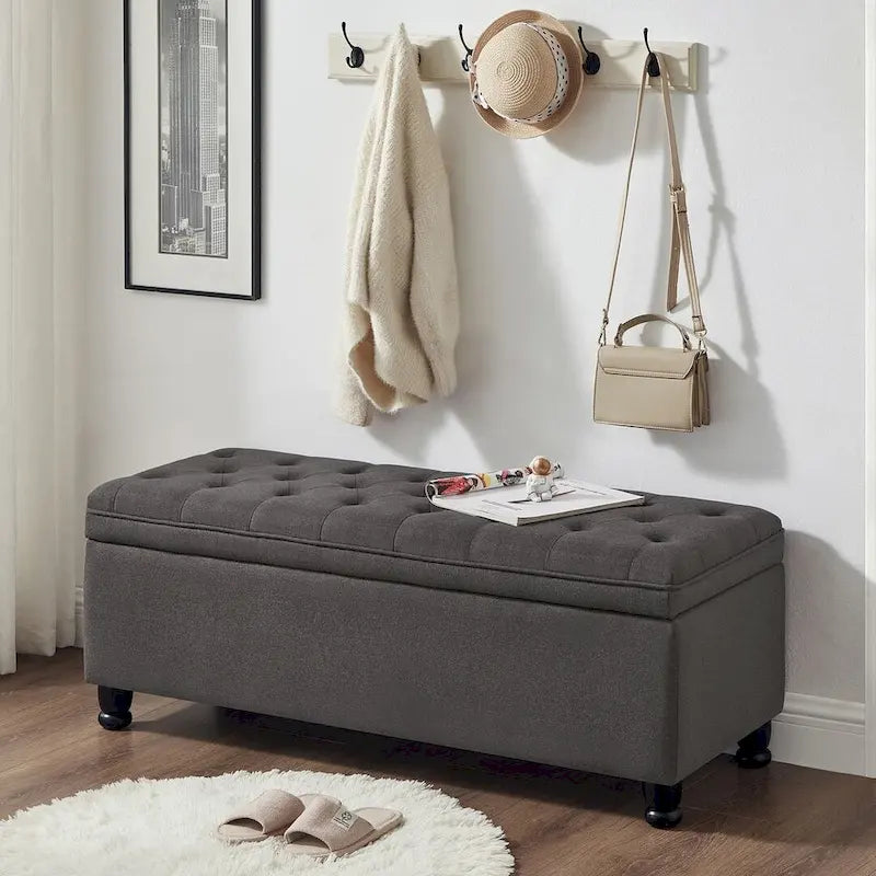 45 Linen Fabric Storage Stool with Spindle Wood Legs