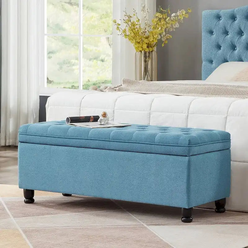 45 Linen Fabric Storage Stool with Spindle Wood Legs