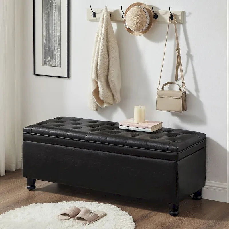 45 Linen Fabric Storage Stool with Spindle Wood Legs