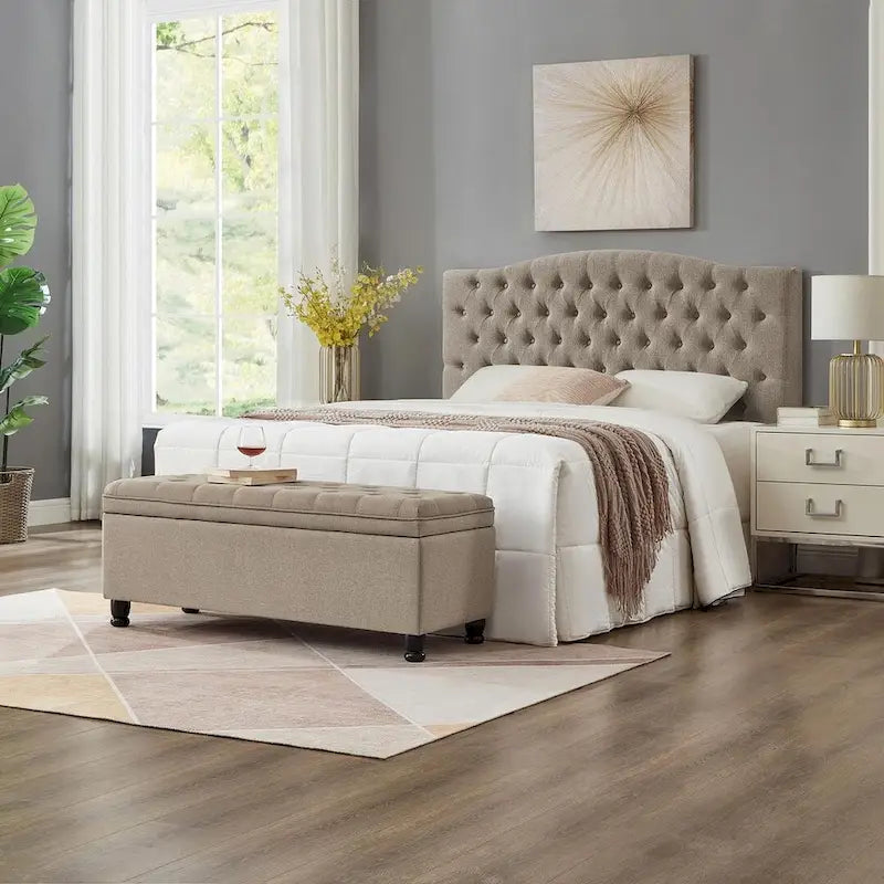 45 Linen Fabric Storage Stool with Spindle Wood Legs