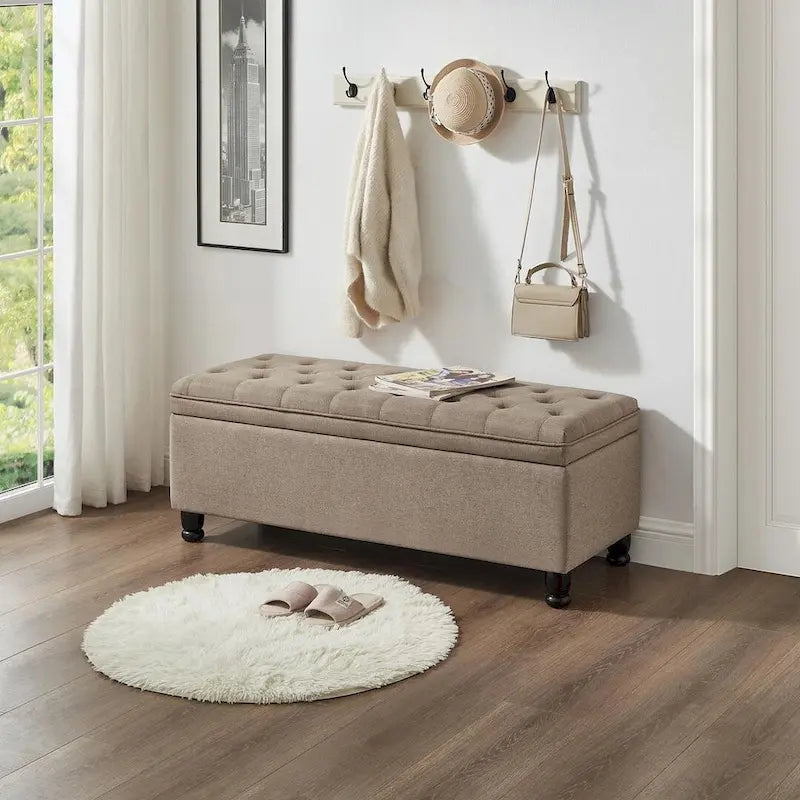 45 Linen Fabric Storage Stool with Spindle Wood Legs