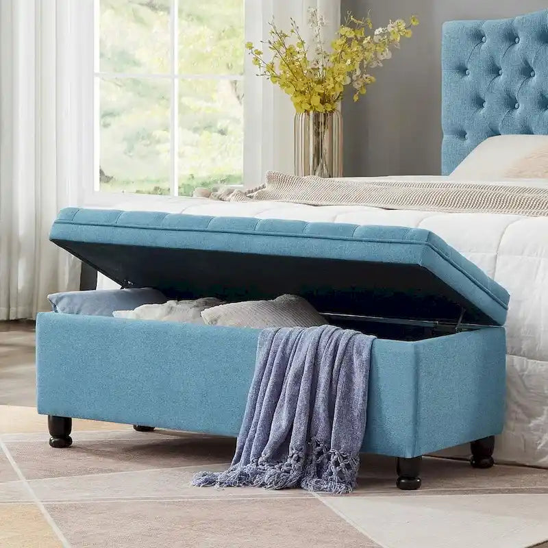 45 Linen Fabric Storage Stool with Spindle Wood Legs