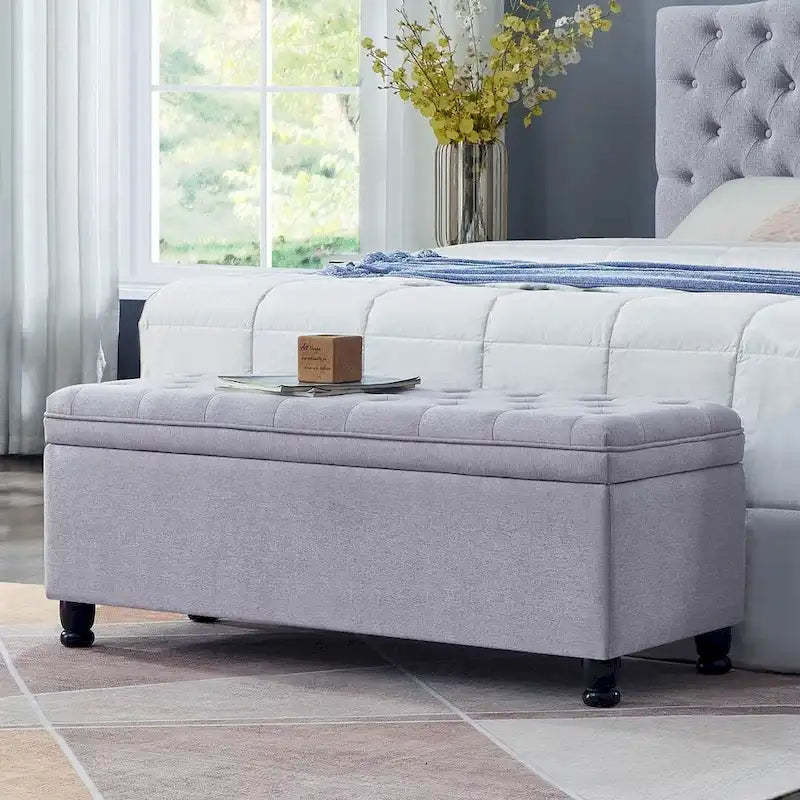 45 Linen Fabric Storage Stool with Spindle Wood Legs