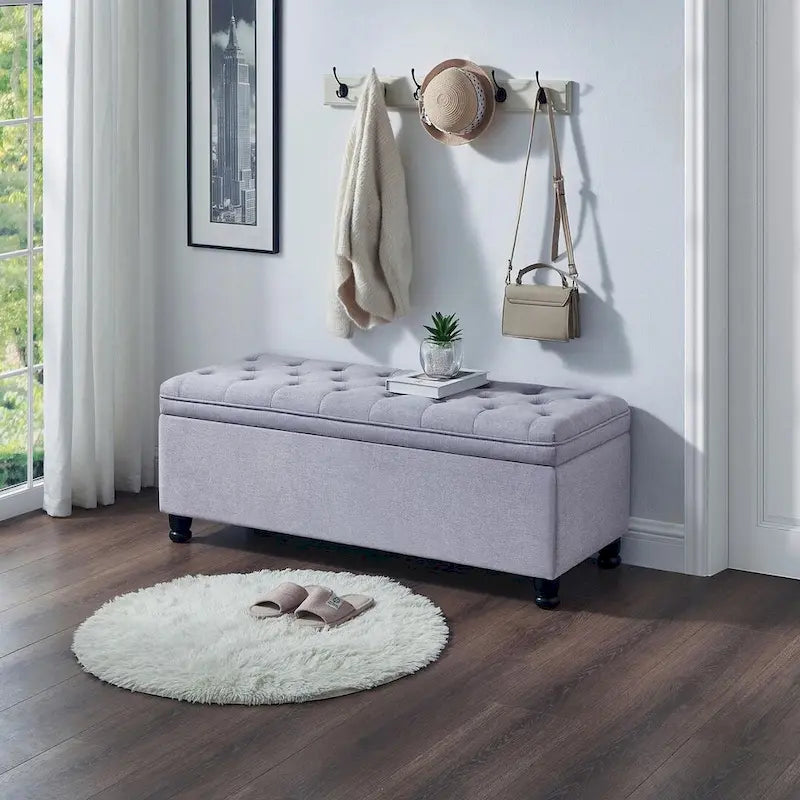 45 Linen Fabric Storage Stool with Spindle Wood Legs