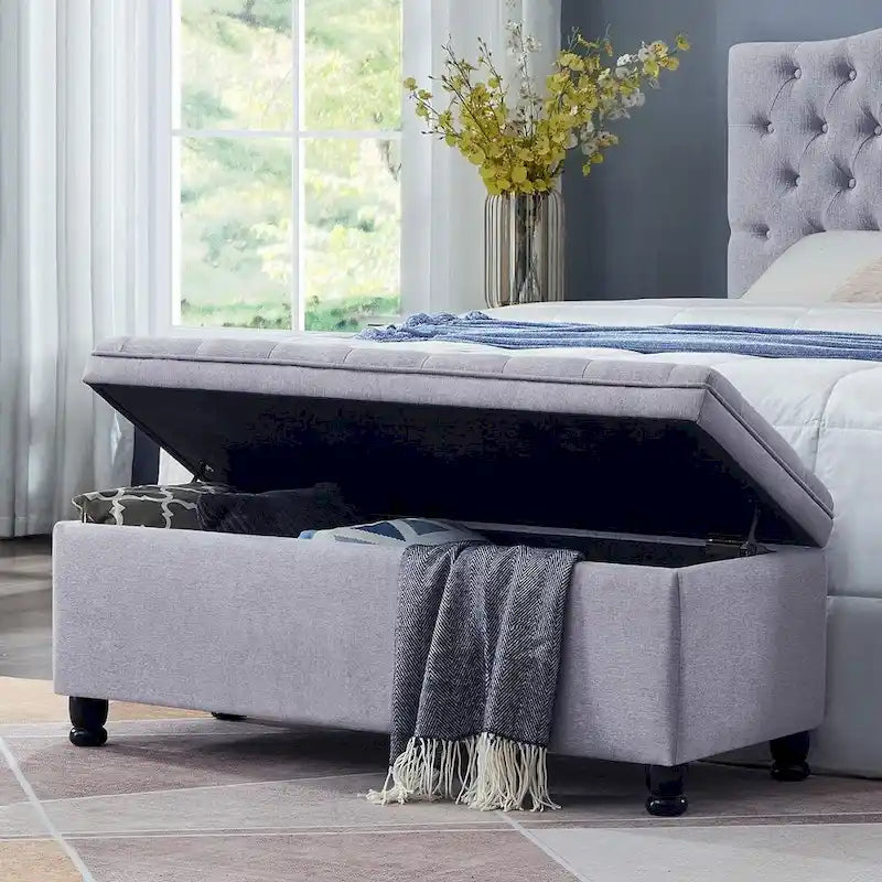 45 Linen Fabric Storage Stool with Spindle Wood Legs