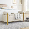 Elegant Upholstered Linen Storage Bench with Cylindrical Arms and Iron Legs for Hallway Living Room Bedroom, Beige