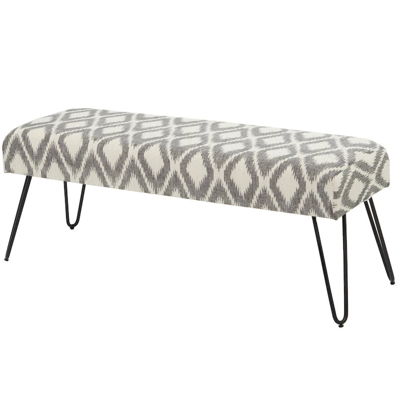 Banc Métal Floral, Diamant ou Tribal avec Pieds Épingle à Cheveux en Métal - Blanc, Gris ou Multicolore