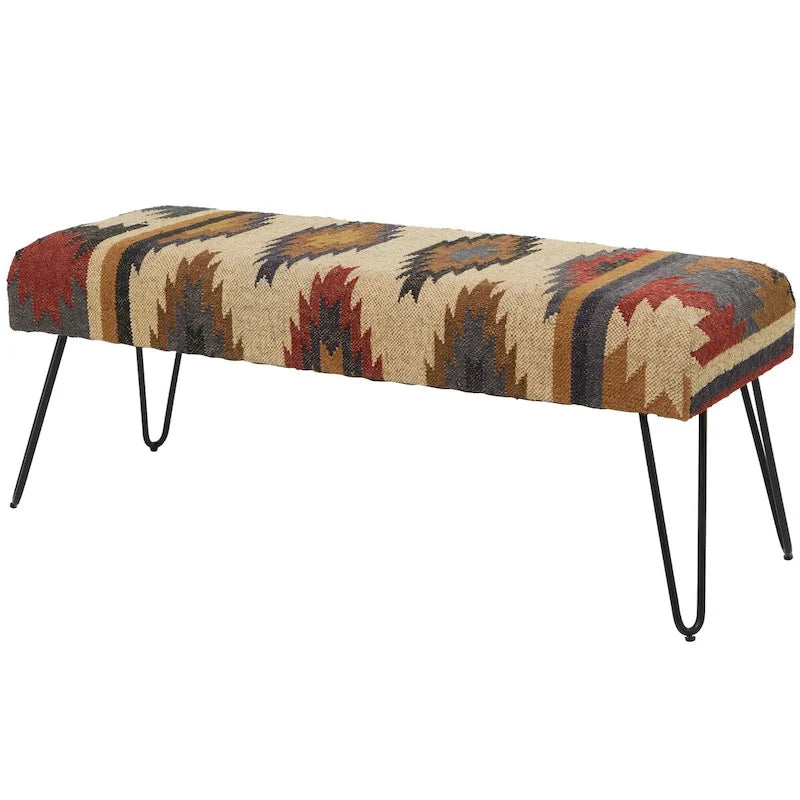 Banc Métal Floral, Diamant ou Tribal avec Pieds Épingle à Cheveux en Métal - Blanc, Gris ou Multicolore