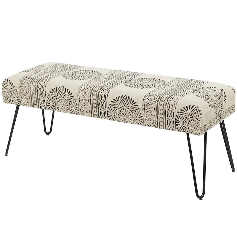 Banc Métal Floral, Diamant ou Tribal avec Pieds Épingle à Cheveux en Métal - Blanc, Gris ou Multicolore