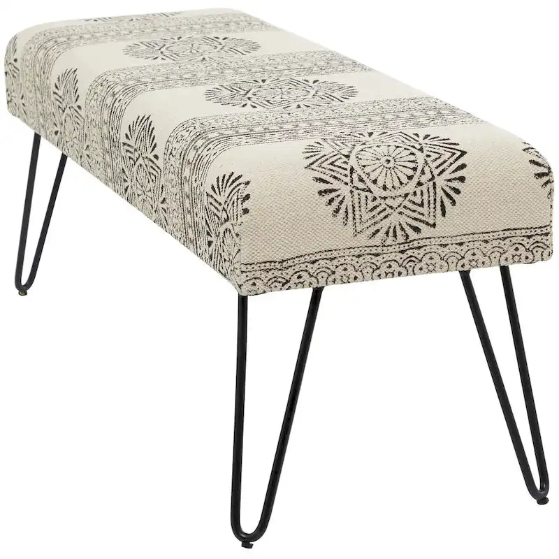 Banc Métal Floral, Diamant ou Tribal avec Pieds Épingle à Cheveux en Métal - Blanc, Gris ou Multicolore