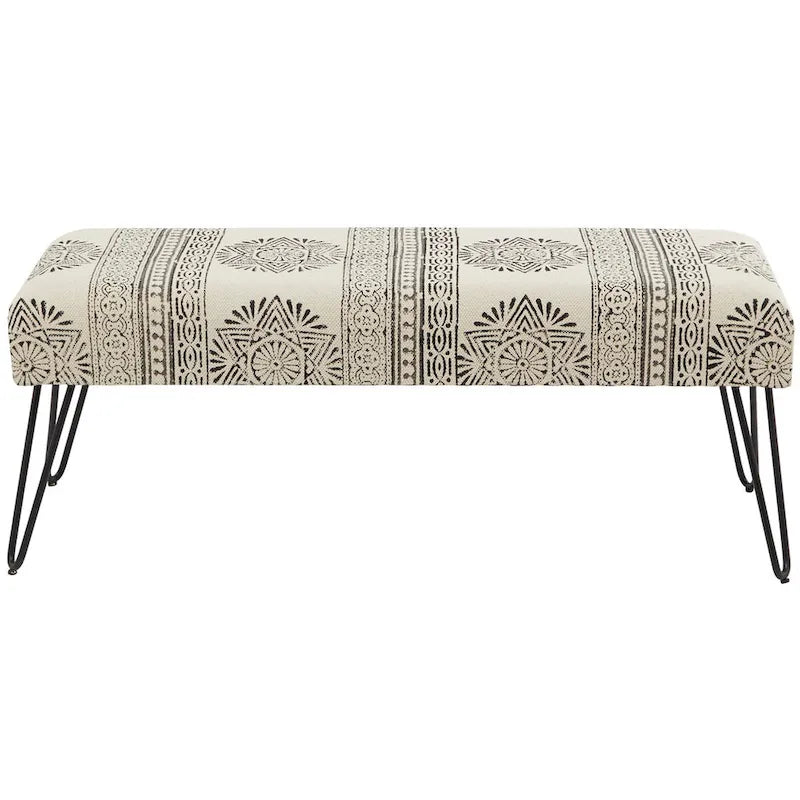 Banc Métal Floral, Diamant ou Tribal avec Pieds Épingle à Cheveux en Métal - Blanc, Gris ou Multicolore