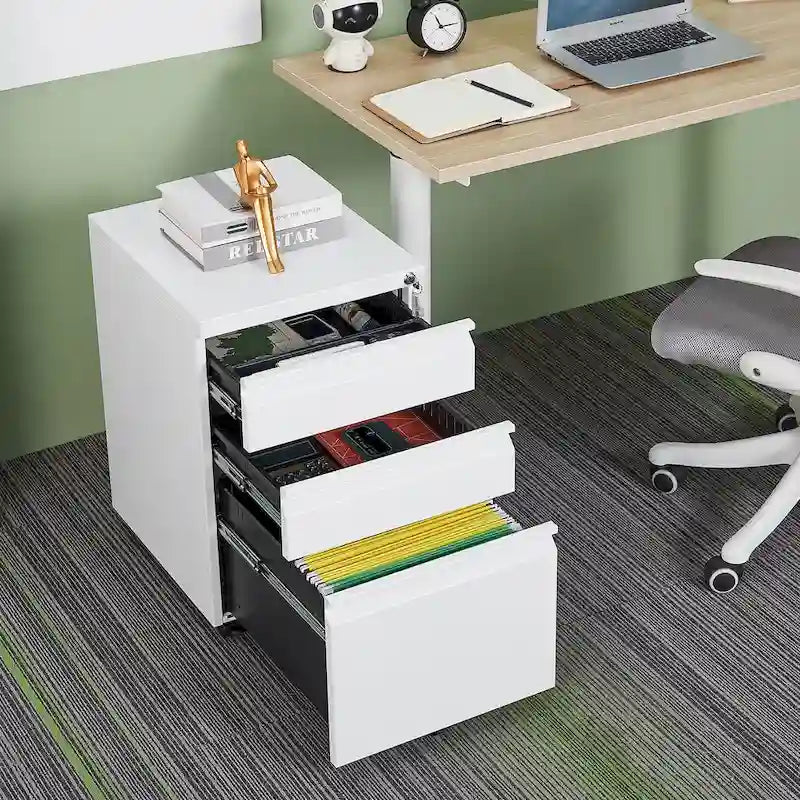 3 Drawer File Cabinet with Lock, Steel Mobile Filing Cabinet on Anti-tilt Wheels, Rolling Locking Office Cabinets Under Desk