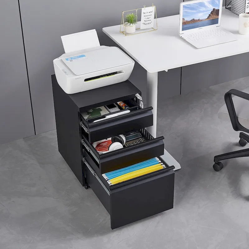 3 Drawer File Cabinet with Lock, Steel Mobile Filing Cabinet on Anti-tilt Wheels, Rolling Locking Office Cabinets Under Desk