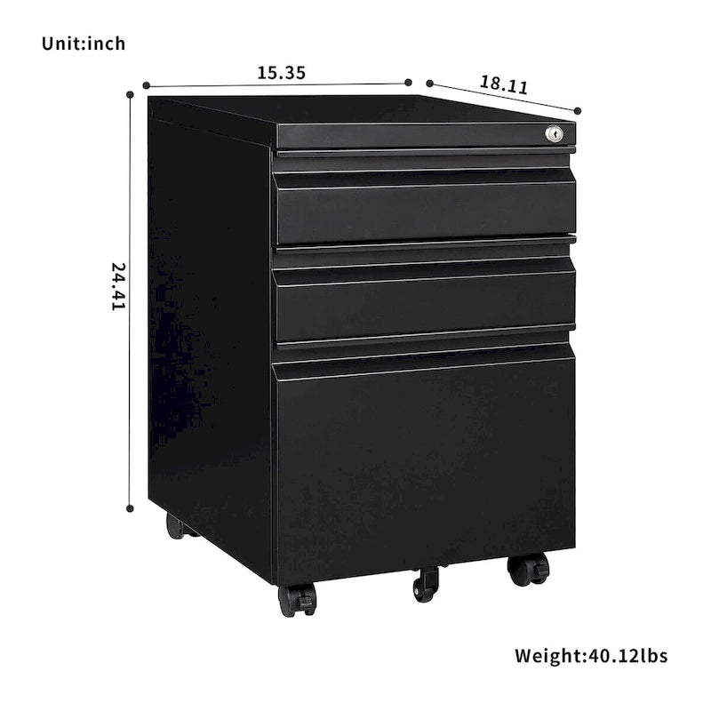 3 Drawer File Cabinet with Lock, Steel Mobile Filing Cabinet on Anti-tilt Wheels, Rolling Locking Office Cabinets Under Desk