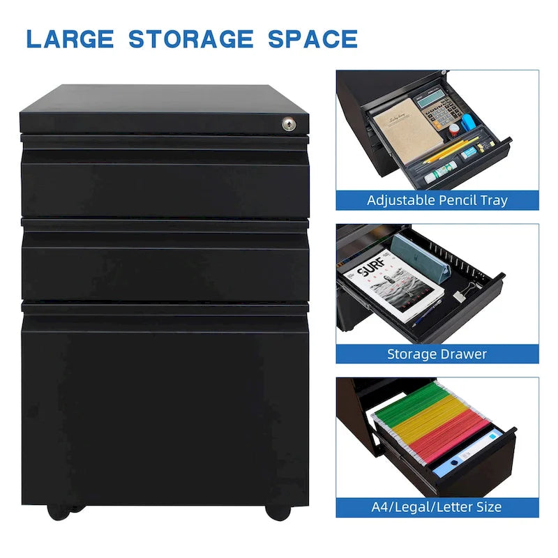 3 Drawer File Cabinet with Lock, Steel Mobile Filing Cabinet on Anti-tilt Wheels, Rolling Locking Office Cabinets Under Desk