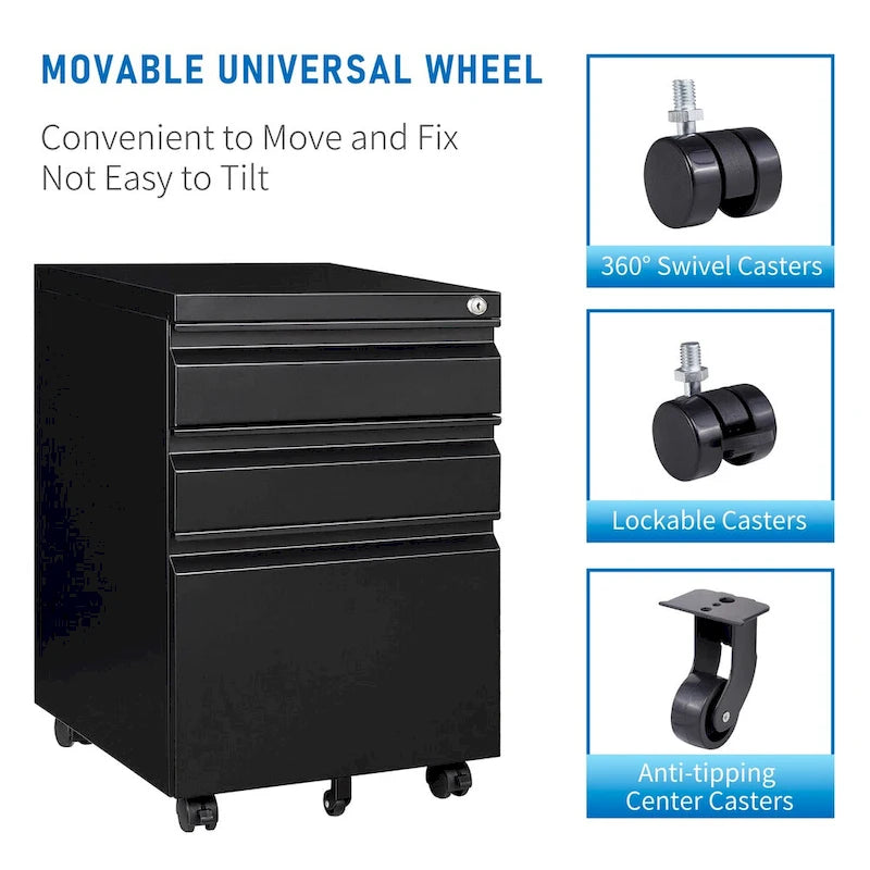 3 Drawer File Cabinet with Lock, Steel Mobile Filing Cabinet on Anti-tilt Wheels, Rolling Locking Office Cabinets Under Desk