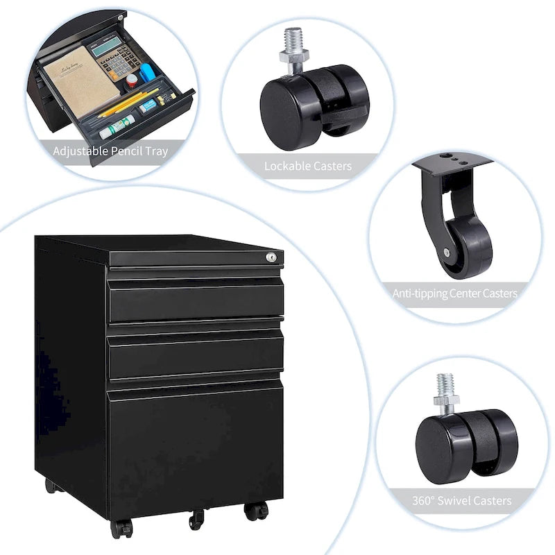 3 Drawer File Cabinet with Lock, Steel Mobile Filing Cabinet on Anti-tilt Wheels, Rolling Locking Office Cabinets Under Desk
