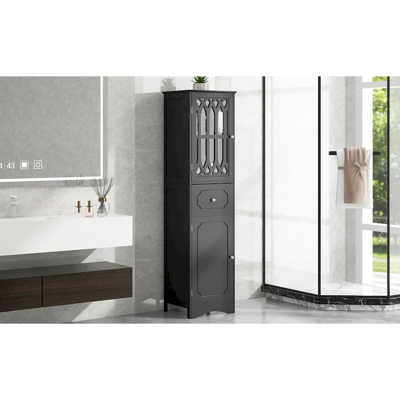 Tall Bathroom Cabinet, Freestanding Storage Cabinet with Drawer and Doors, MDF Board, Acrylic Door, Adjustable Shelf, Black