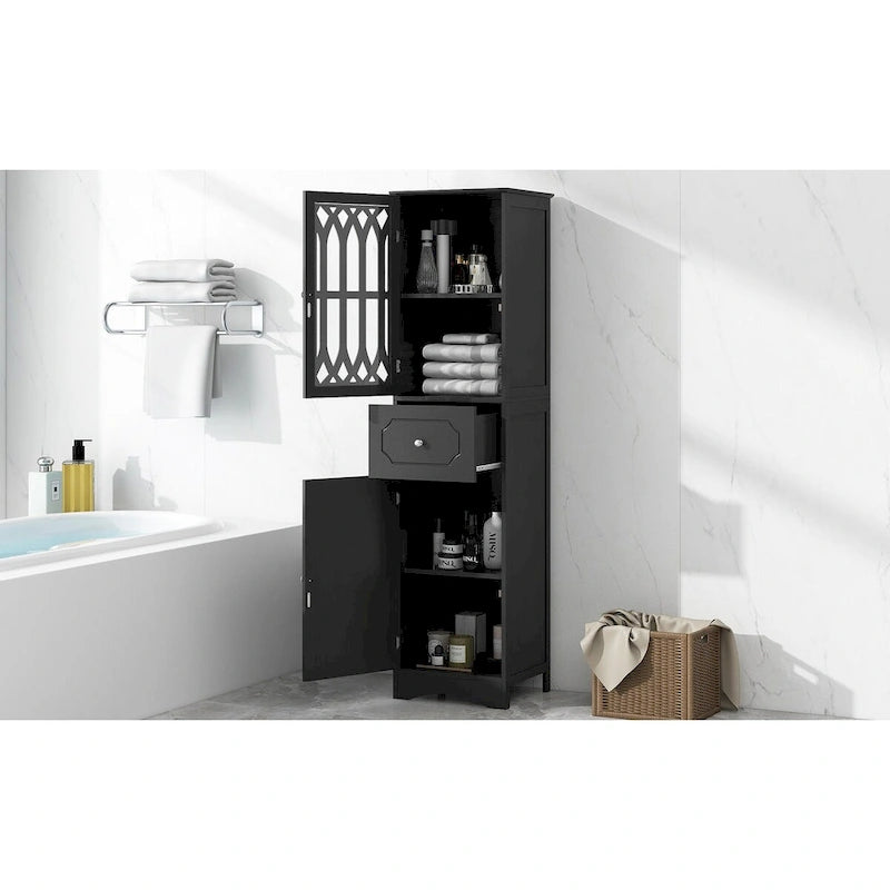 Tall Bathroom Cabinet, Freestanding Storage Cabinet with Drawer and Doors, MDF Board, Acrylic Door, Adjustable Shelf, Black