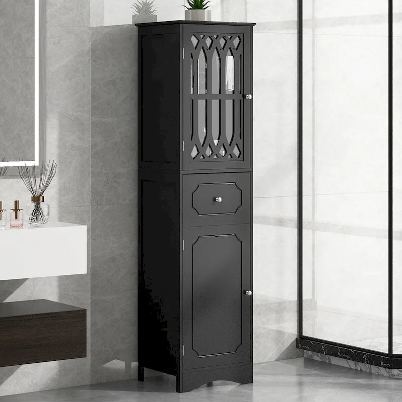 Tall Bathroom Cabinet, Freestanding Storage Cabinet with Drawer and Doors, MDF Board, Acrylic Door, Adjustable Shelf, Black