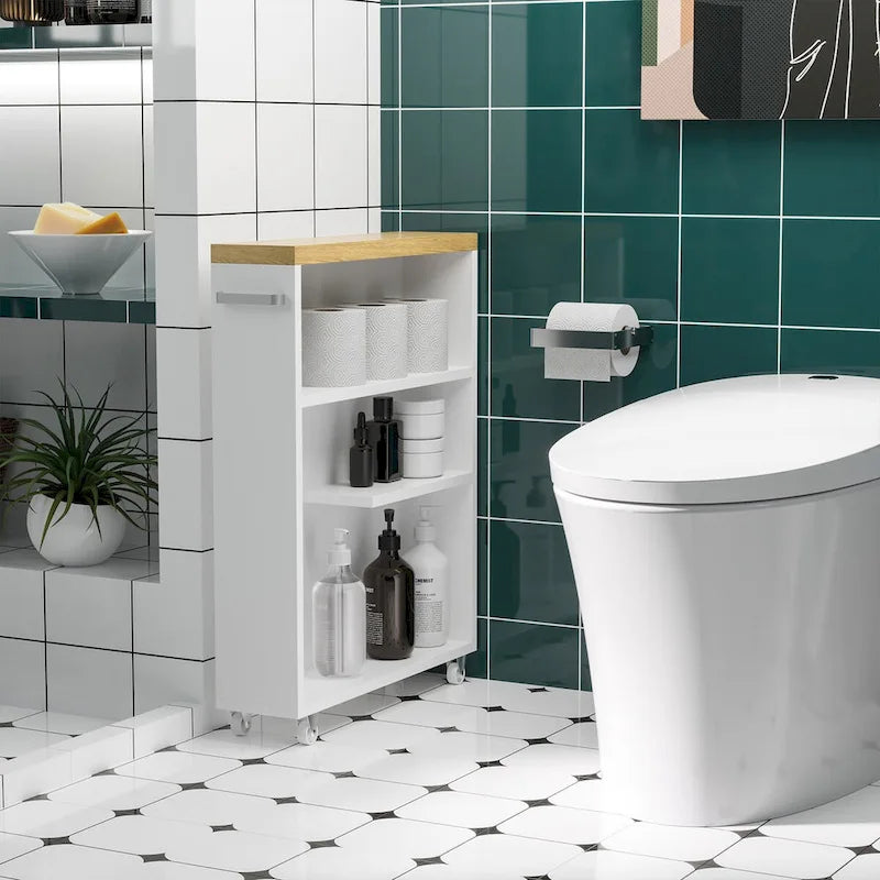 Slim Bathroom Cabinet with Wheels Storage Organizer for Bedroom, Living Room, White