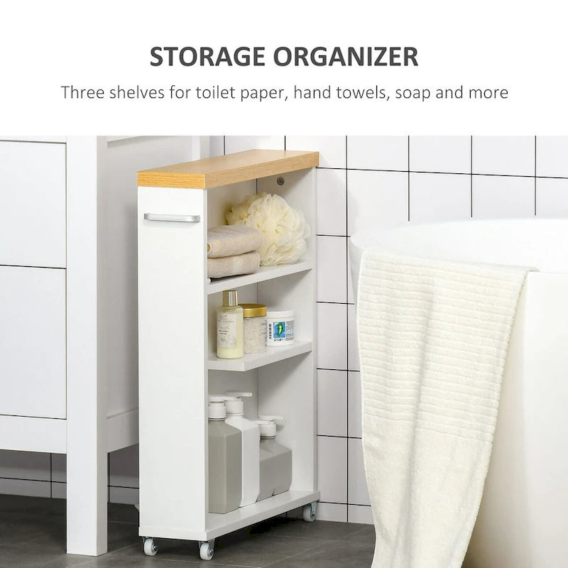 Slim Bathroom Cabinet with Wheels Storage Organizer for Bedroom, Living Room, White