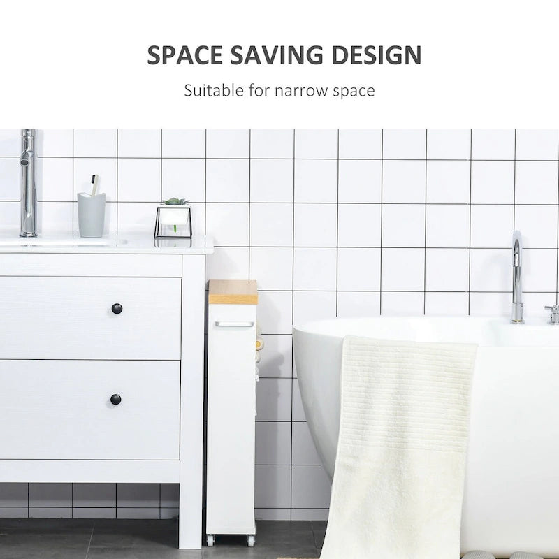 Slim Bathroom Cabinet with Wheels Storage Organizer for Bedroom, Living Room, White