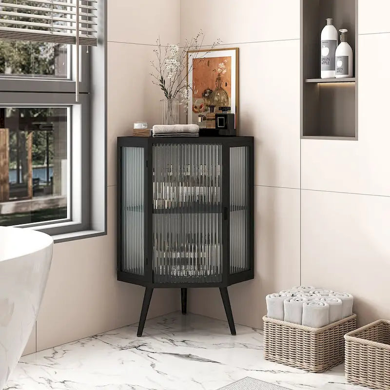 22.25 in. W x 16.54 in. D x 31.5 in. H Floor Coner Linen Cabinet with Tempered Glass Door