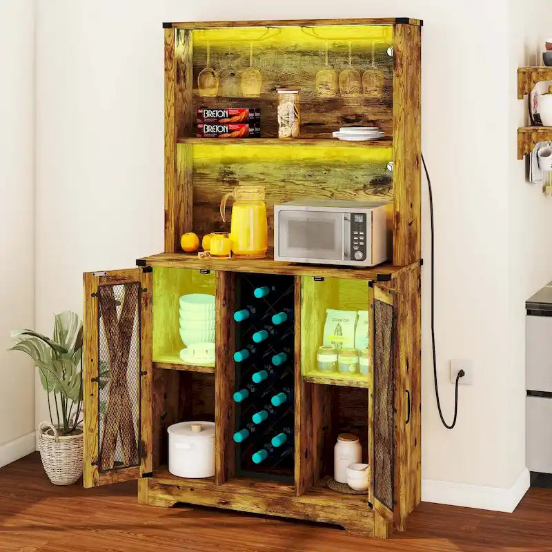 Meuble Bar de Ferme avec Étagère à Vin et Lumières LED, Buffet de Rangement pour Salle à Manger