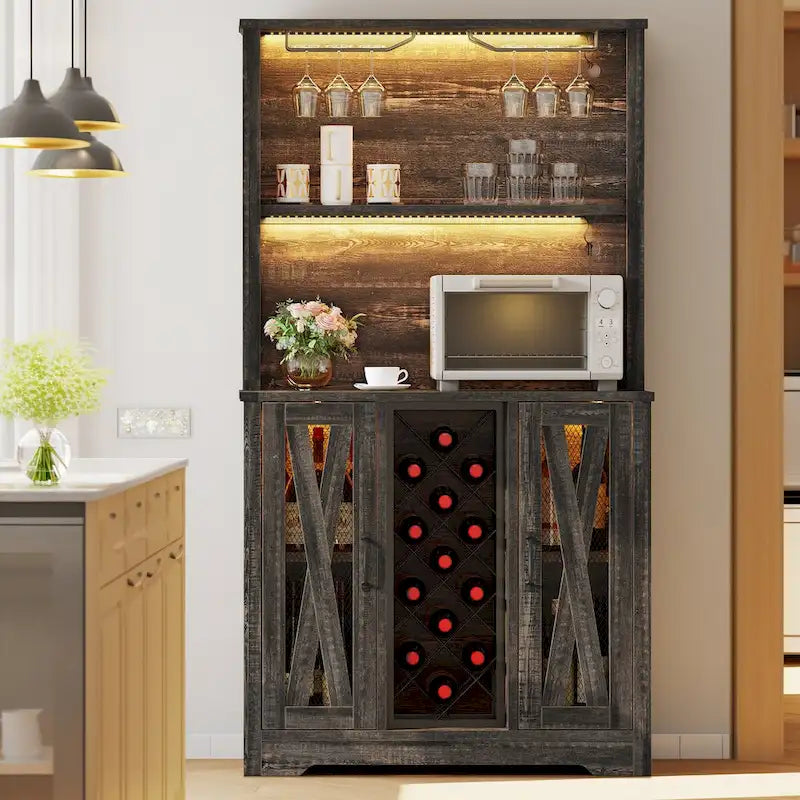 Moasis Farmhouse Bar Cabinet w/ Wine Rack & LED Lights, Sideboard Buffet Storage Cabinet for Dinning Room