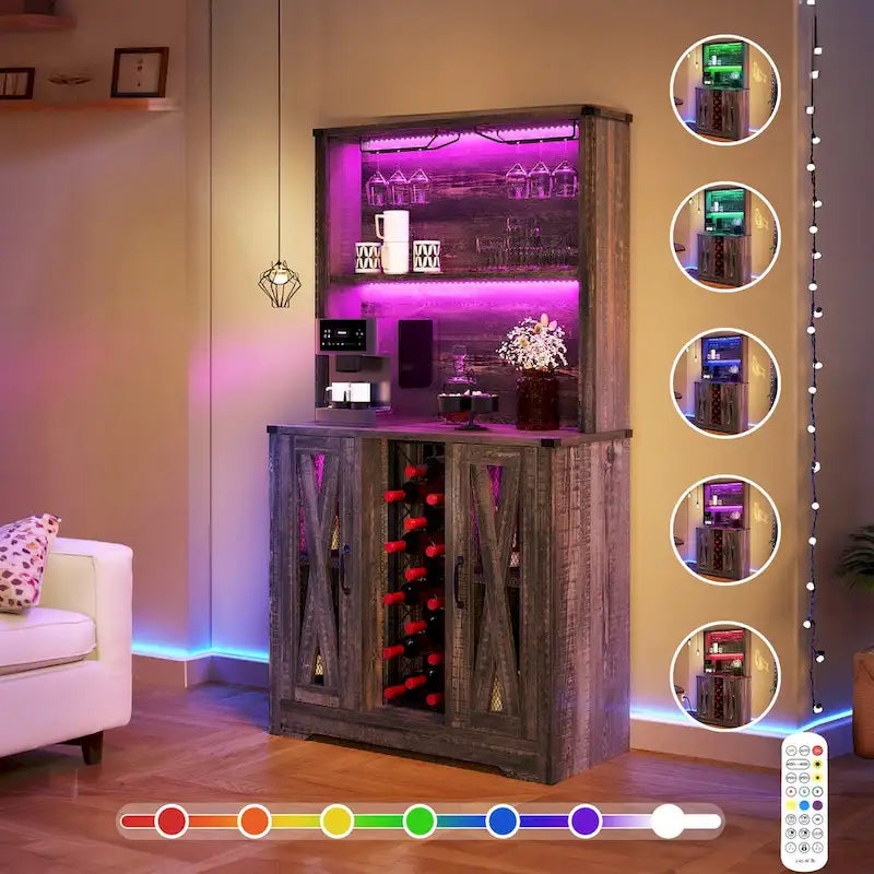 Moasis Farmhouse Bar Cabinet w/ Wine Rack & LED Lights, Sideboard Buffet Storage Cabinet for Dinning Room