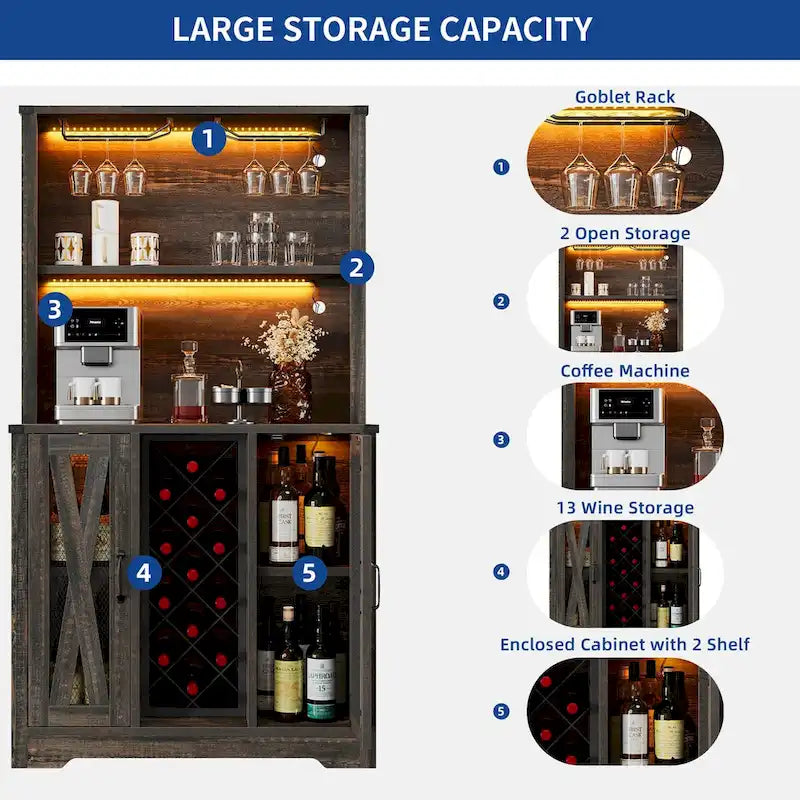 Moasis Farmhouse Bar Cabinet w/ Wine Rack & LED Lights, Sideboard Buffet Storage Cabinet for Dinning Room