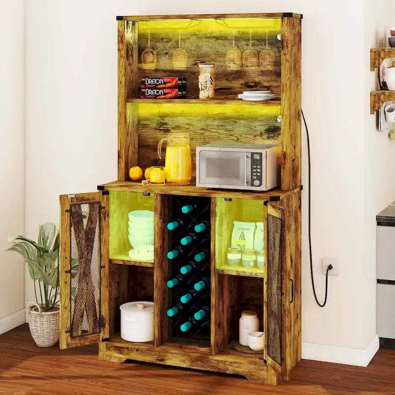 Moasis Farmhouse Bar Cabinet w/ Wine Rack & LED Lights, Sideboard Buffet Storage Cabinet for Dinning Room