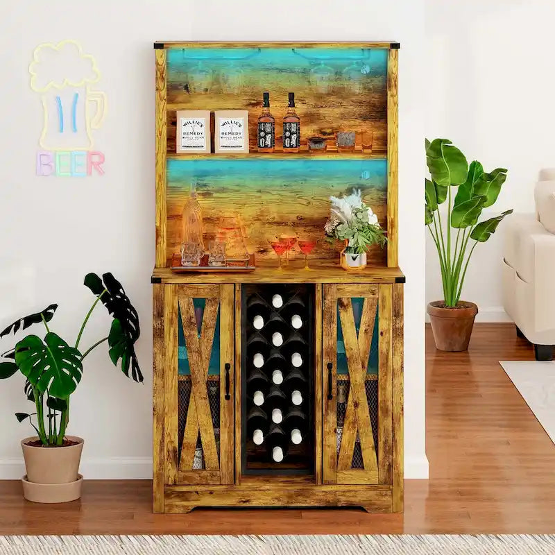 Moasis Farmhouse Bar Cabinet w/ Wine Rack & LED Lights, Sideboard Buffet Storage Cabinet for Dinning Room