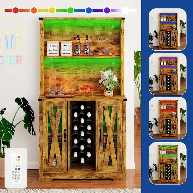 Moasis Farmhouse Bar Cabinet w/ Wine Rack & LED Lights, Sideboard Buffet Storage Cabinet for Dinning Room
