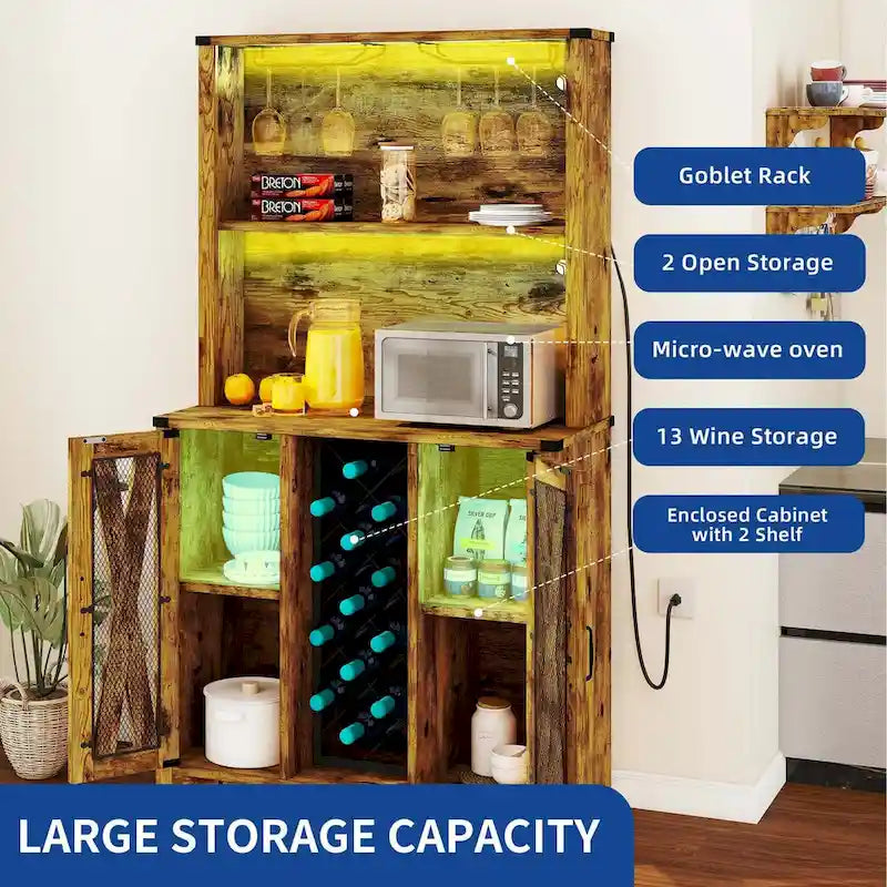 Moasis Farmhouse Bar Cabinet w/ Wine Rack & LED Lights, Sideboard Buffet Storage Cabinet for Dinning Room