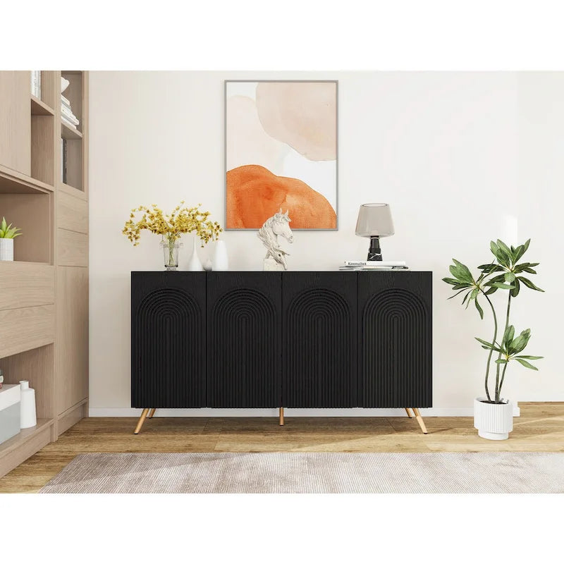 Arch 3D Carved 4 Door Sideboard, Sideboard Buffet Cabinet With Storage, Modern Coffee Bar Cabinet With Adjustable Shelf