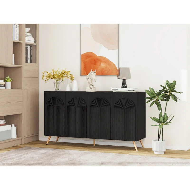 Arch 3D Carved 4 Door Sideboard, Sideboard Buffet Cabinet With Storage, Modern Coffee Bar Cabinet With Adjustable Shelf