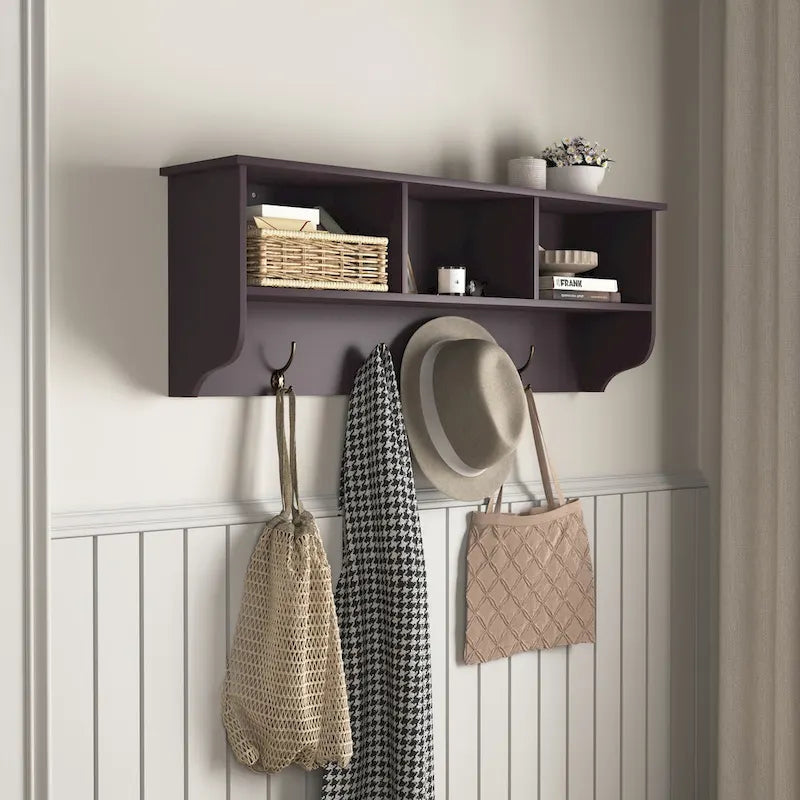 Espresso Entryway Wall Mounted Coat Rack with 4 Dual Hooks Living Room Wooden Storage Shelf