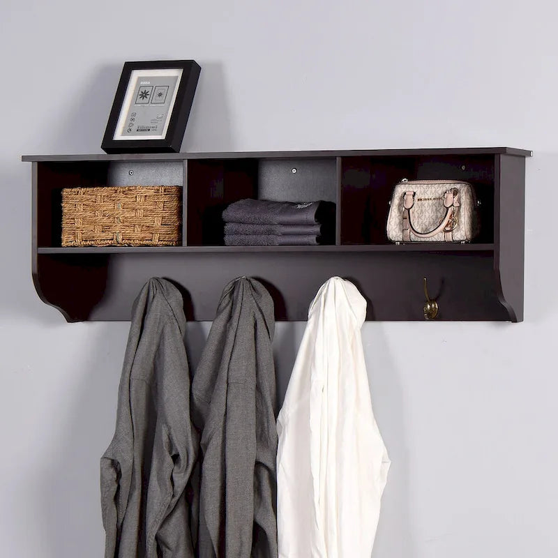 Espresso Entryway Wall Mounted Coat Rack with 4 Dual Hooks Living Room Wooden Storage Shelf